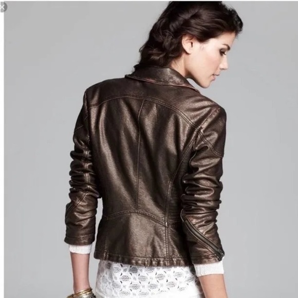 Free People Vegan Leather Bronze Metallic Biker Jacket - Picture 3 of 10